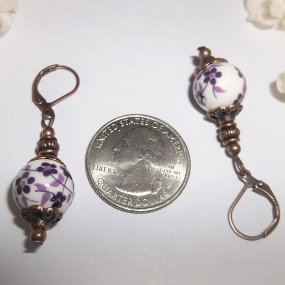 Boho Earring Set Floral Purple White and Rustic Copper Fashion Jewelry Set 7008 - Picture 3 of 9